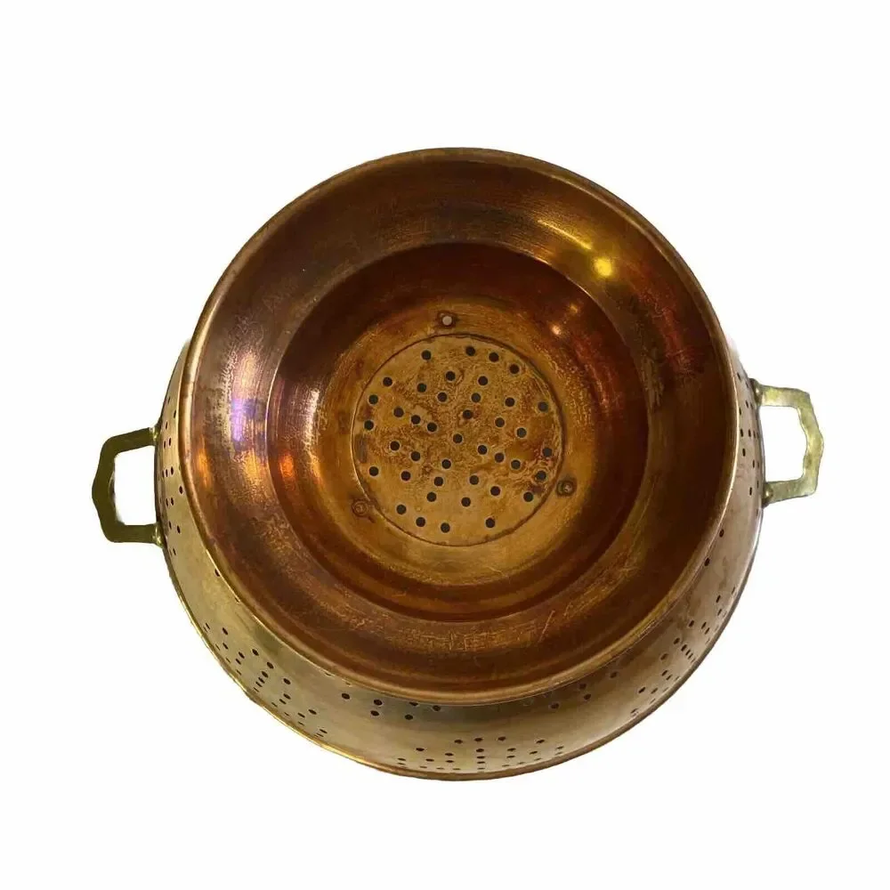 Antique Copper Strainer Colander 12” Riveted Brass Handles Pedestal Patina Korea
